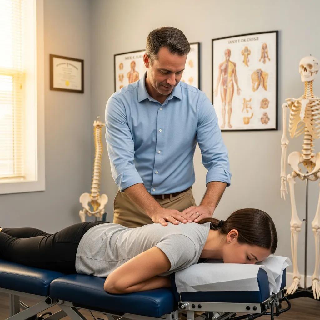Chiropractor demonstrating spinal adjustment techniques with anatomical models in the background