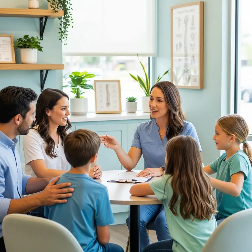 Diverse family engaging with a chiropractor in a friendly clinic environment