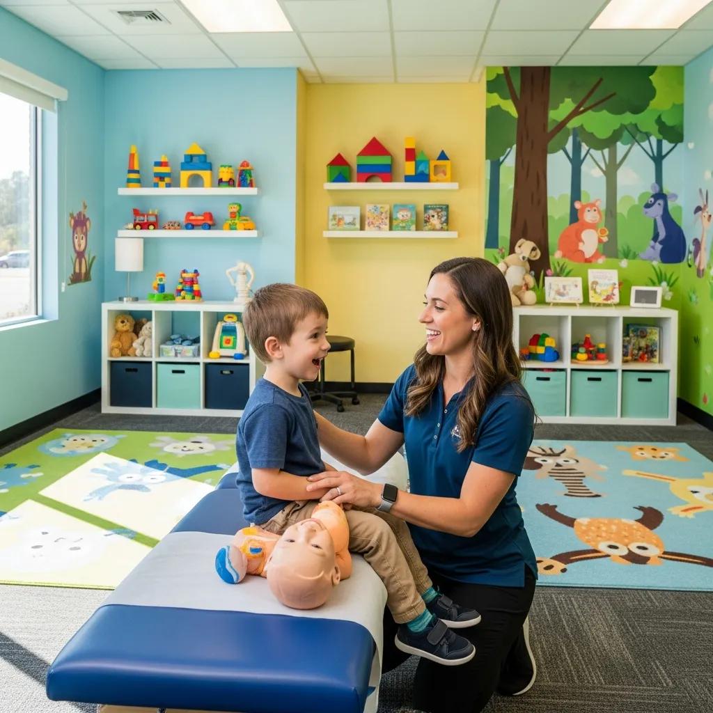 Pediatric chiropractor engaging with a smiling child in a vibrant clinic