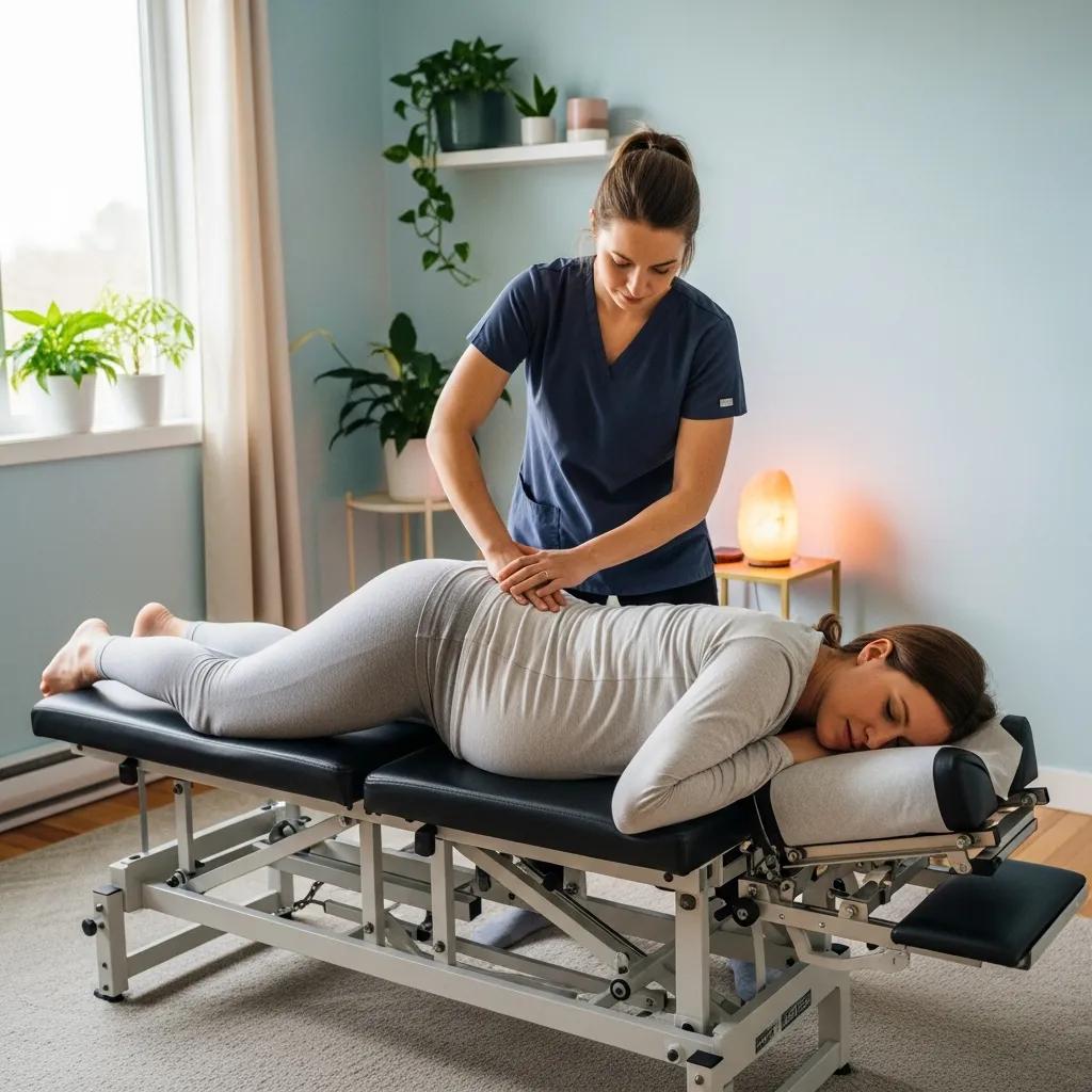 Pregnant woman receiving gentle chiropractic care in a calming clinic setting